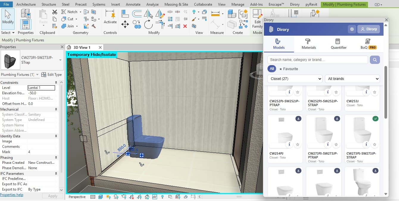 The Dirory panel docked in Revit, listing TOTO closets next to a 3D view with one placed